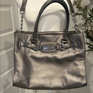 Michael Kors Hamilton large satchel in metallic gray pebbled leather.